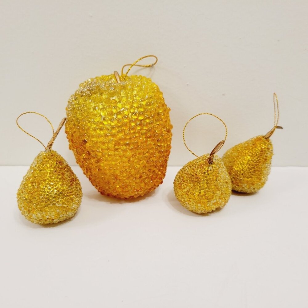 4 Vtg Beaded Fruit Holiday Christmas Ornaments Golden Apple Mini Pears